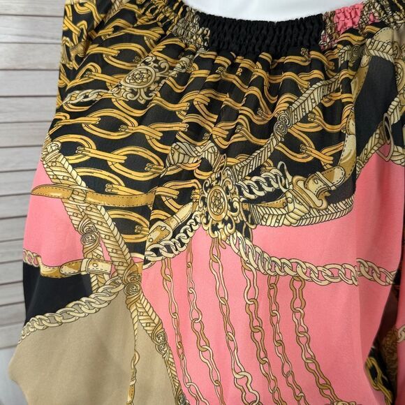 Metaphor Equestrian Print Chiffon Smocked Neck Blouse Black Pink XL - Picture 6 of 12